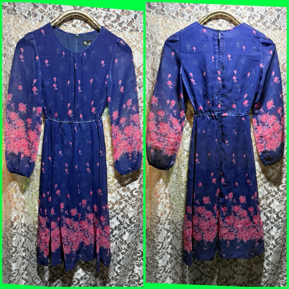 Blue floral Long-Sleeve Midi Dress with Pink Rose Border XS vintage 70s 80s